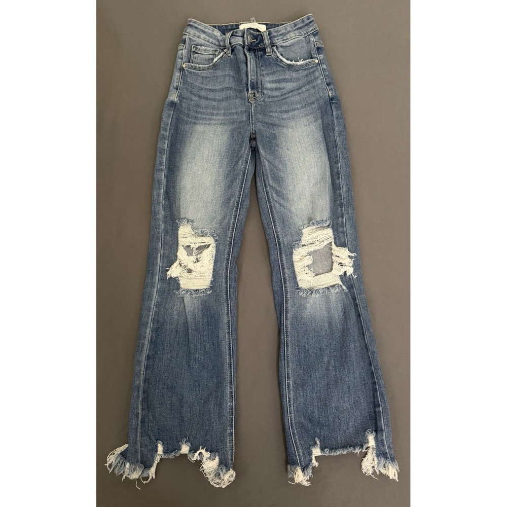 Risen Jeans Womens Size 25 High Rise Straight Leg Distressed Frayed Hem Stretch